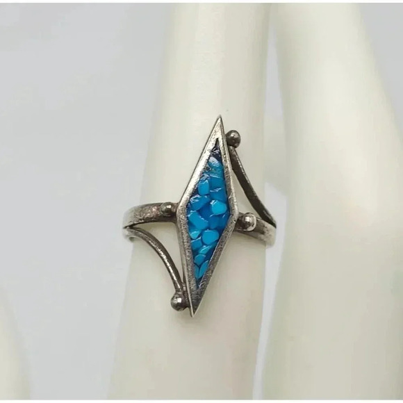 Vintage Navajo Silver Ring With Blue Stone Inlay Geometric Shape Size 5.5 - Picture 1 of 6